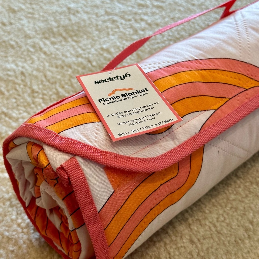 Society6 Retro Rainbow Picnic Blanket with Carrying Handle Quilted Outdoor Throw